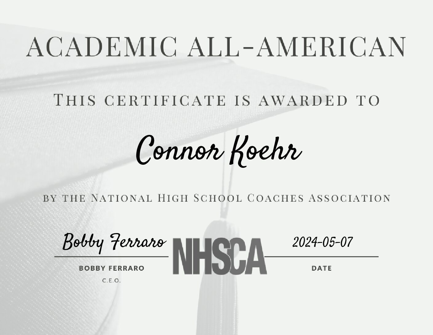 Congratulations to Connor Koehr – NHSCA Academic All-American